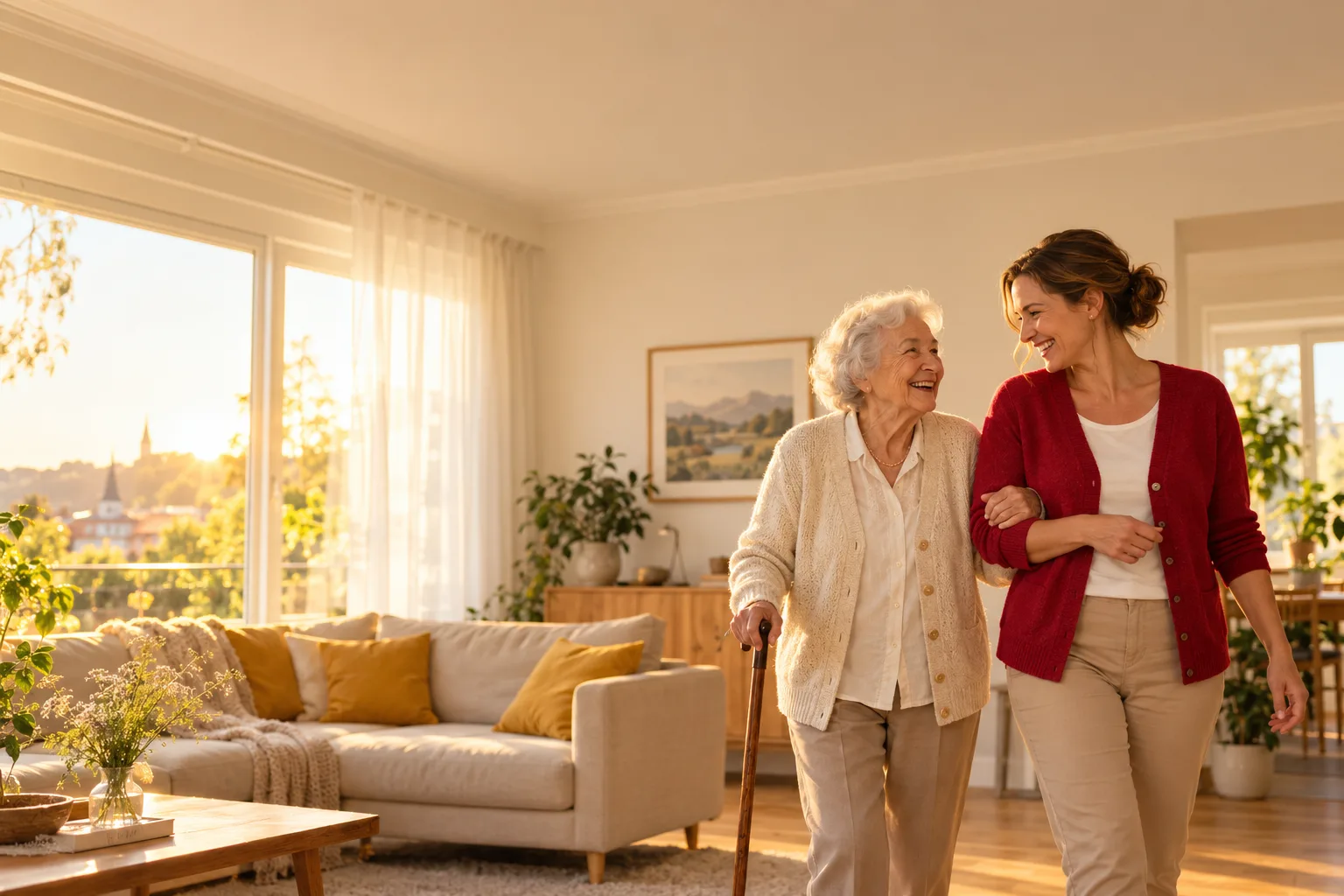 Betreuungskraft und Seniorin gehen lachend Arm in Arm durchs Wohnzimmer